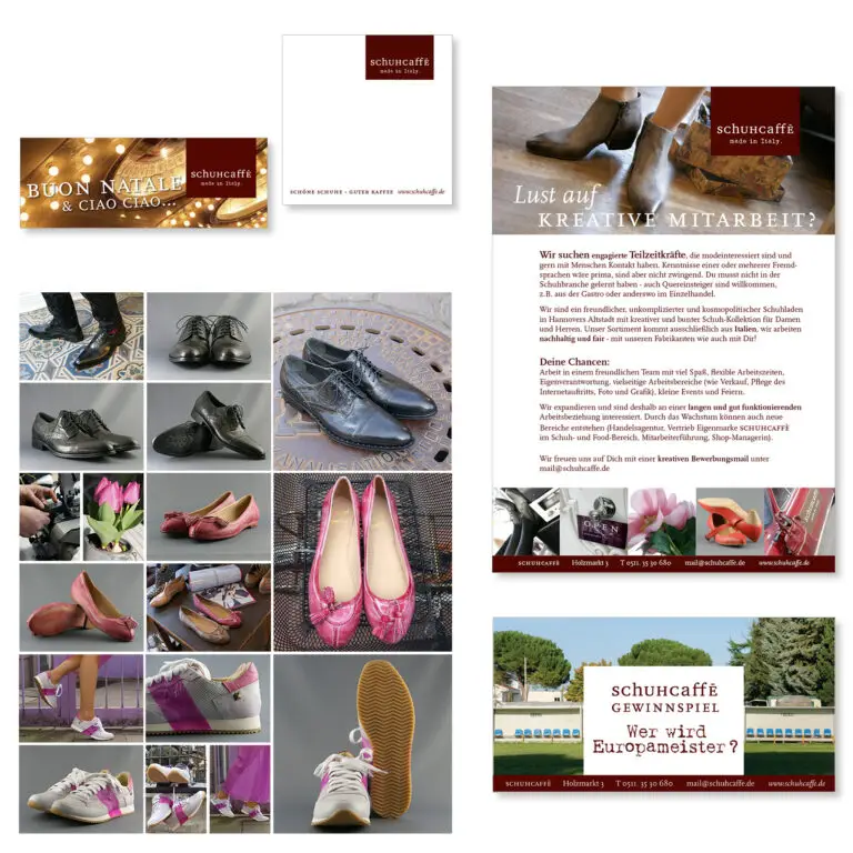 Anzeige, Postkarte eines Gewinnspiels und Notizblock im gebrandeten Design sowie Fotos von Schuhen.