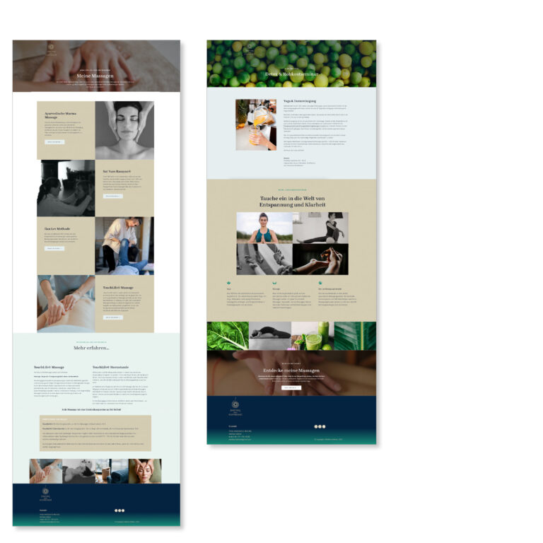 Ansicht der Website in beige und dunkelgrün mit Limetten und Bildern von Massage.