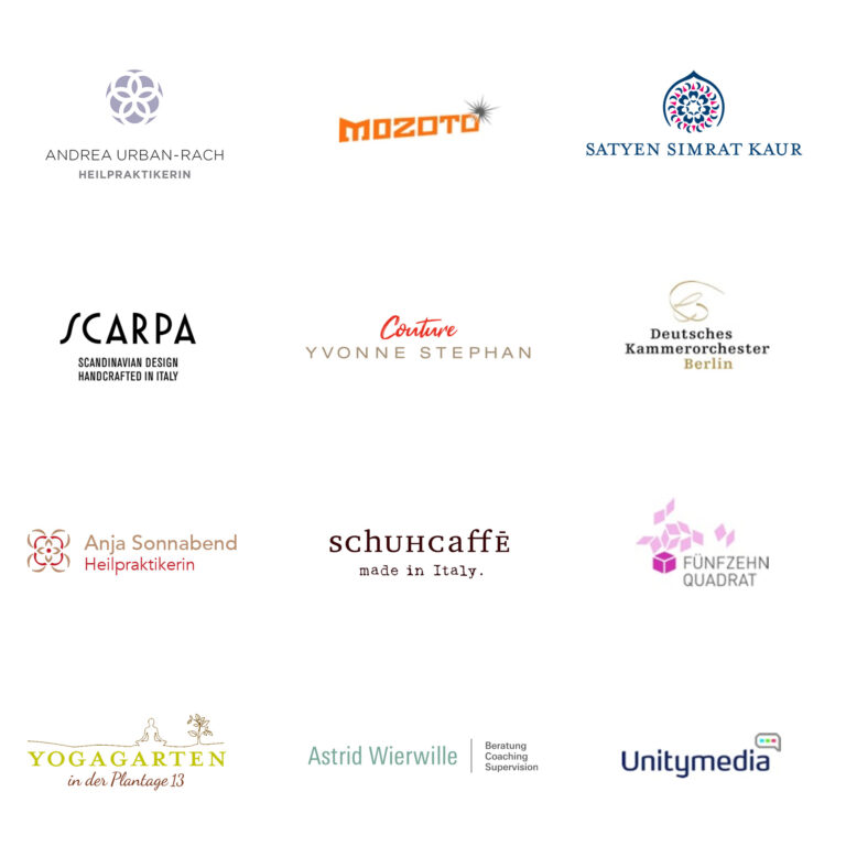 Logos und Markenzeichen von einem Schneideratelier, Heilpraktikerin, Orchester, Psychologin.
